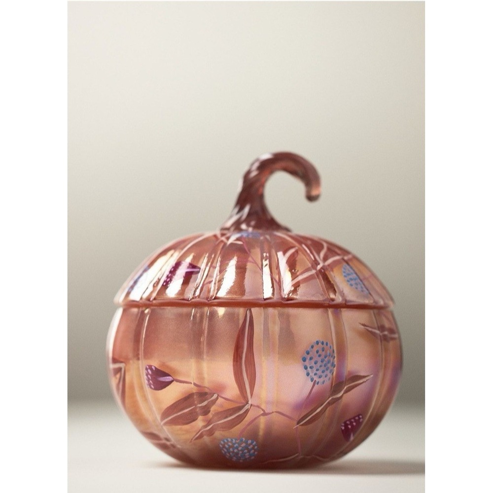Anthropologie Candle Pumpkin Cinnamon Vanilla Handpainted Floral Glass Gift